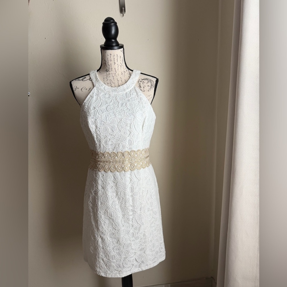 Lilly Pulitzer Ivory Lace Mini Dress with Metallic Belt